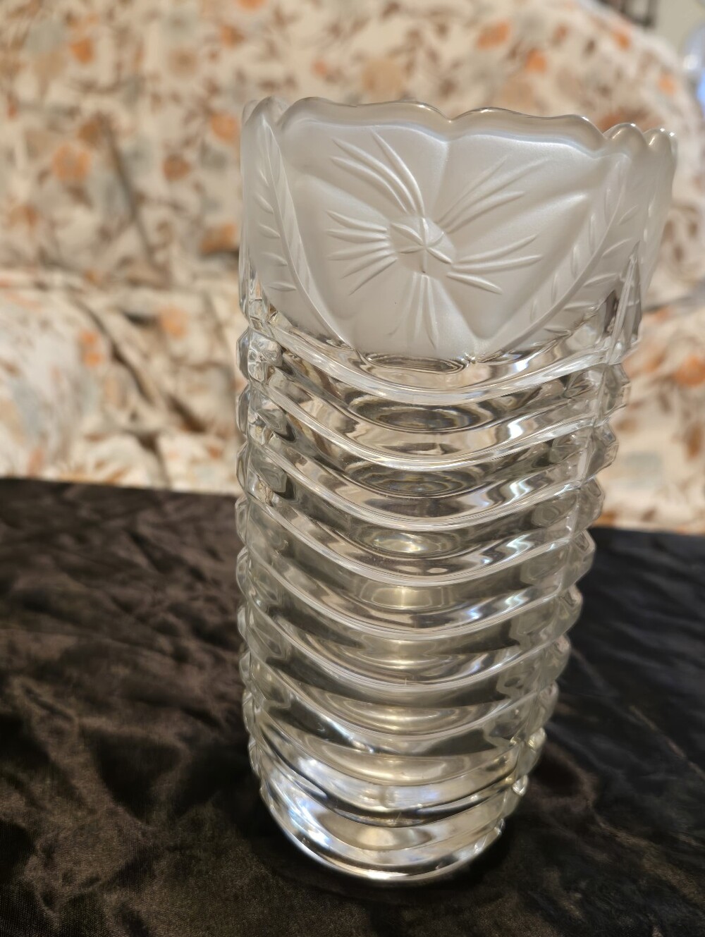 Clear Ribbed Glass Vase with Frosted Floral Rim - Clear